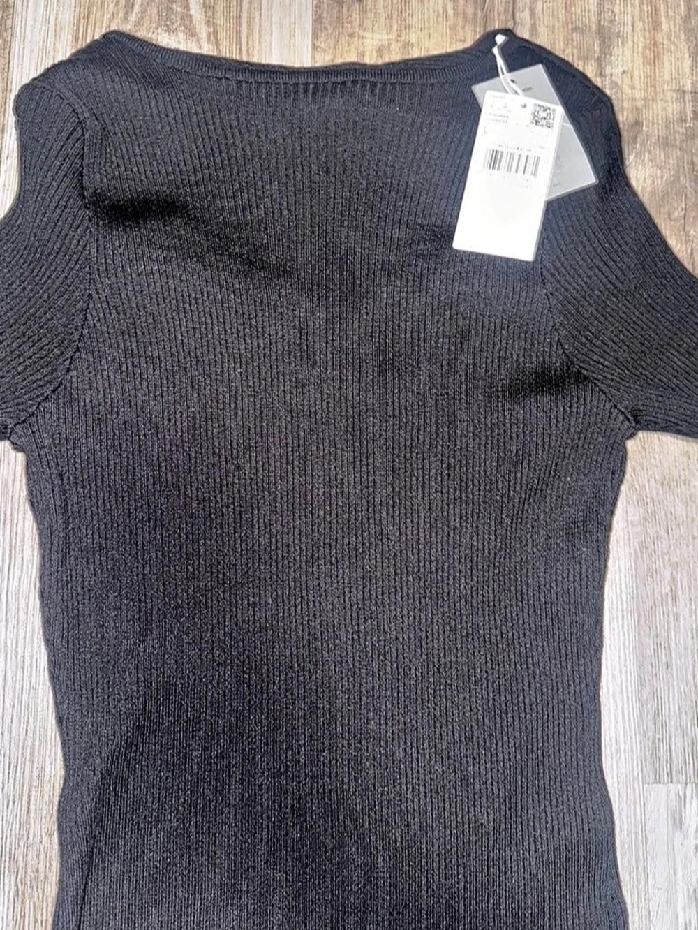 Mango Ribbed long dress with Slit Neckline Ribbed Short Sleeve Top in Black Size